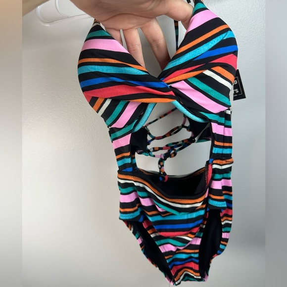 Vibrant Striped Cutout One Piece Swimsuit Corset Back 32 DD Tie neck underwire - Picture 7 of 7